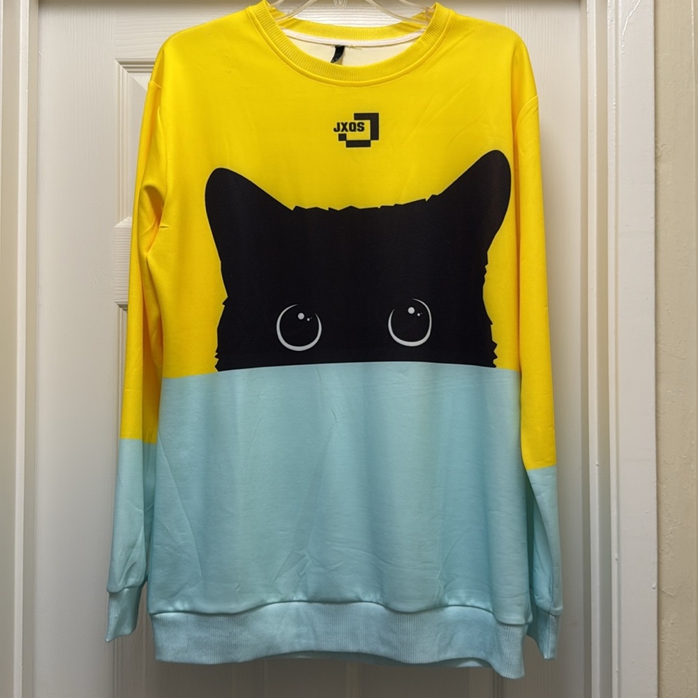 Zaful black cat face yellow/light blue crewneck